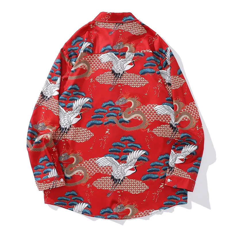 Japanese Style Men White Crane Graphic Wabi-sabi Print Long Sleeve Shirts Fashion Oversized Lapel Button Hawaiian Shirt Unisex