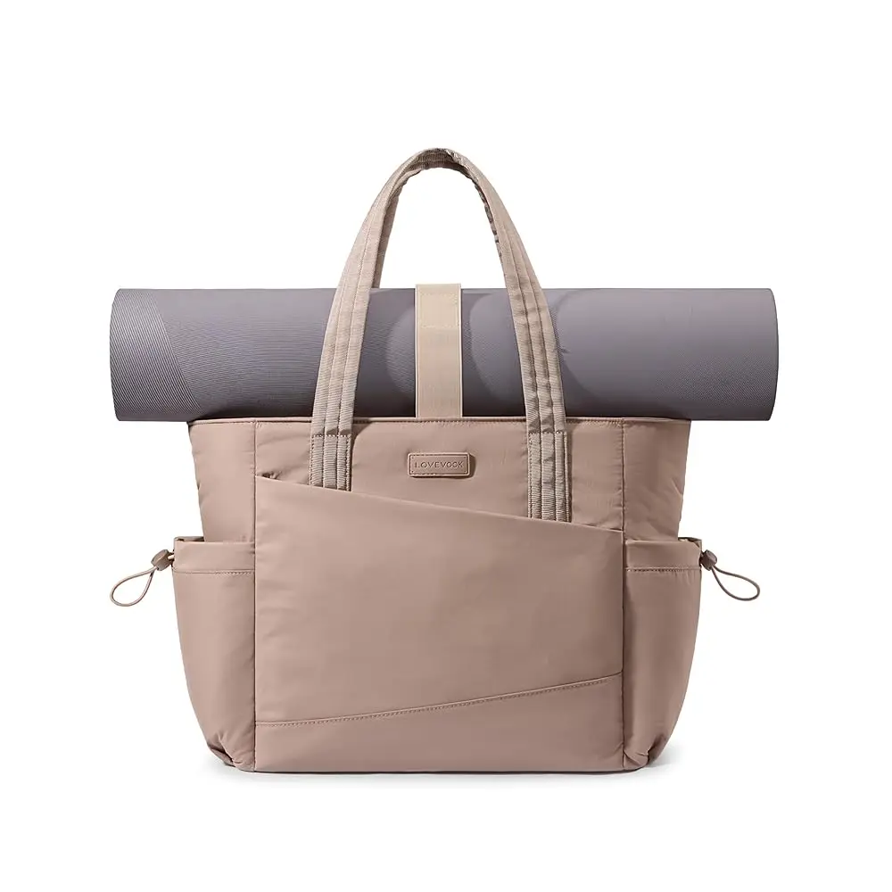 Gym Tote Bag for Women, Puffy Yoga Mat Bag with Large Cup Holder & Wet Pocket, Work Nurse Bag for Travel Workout