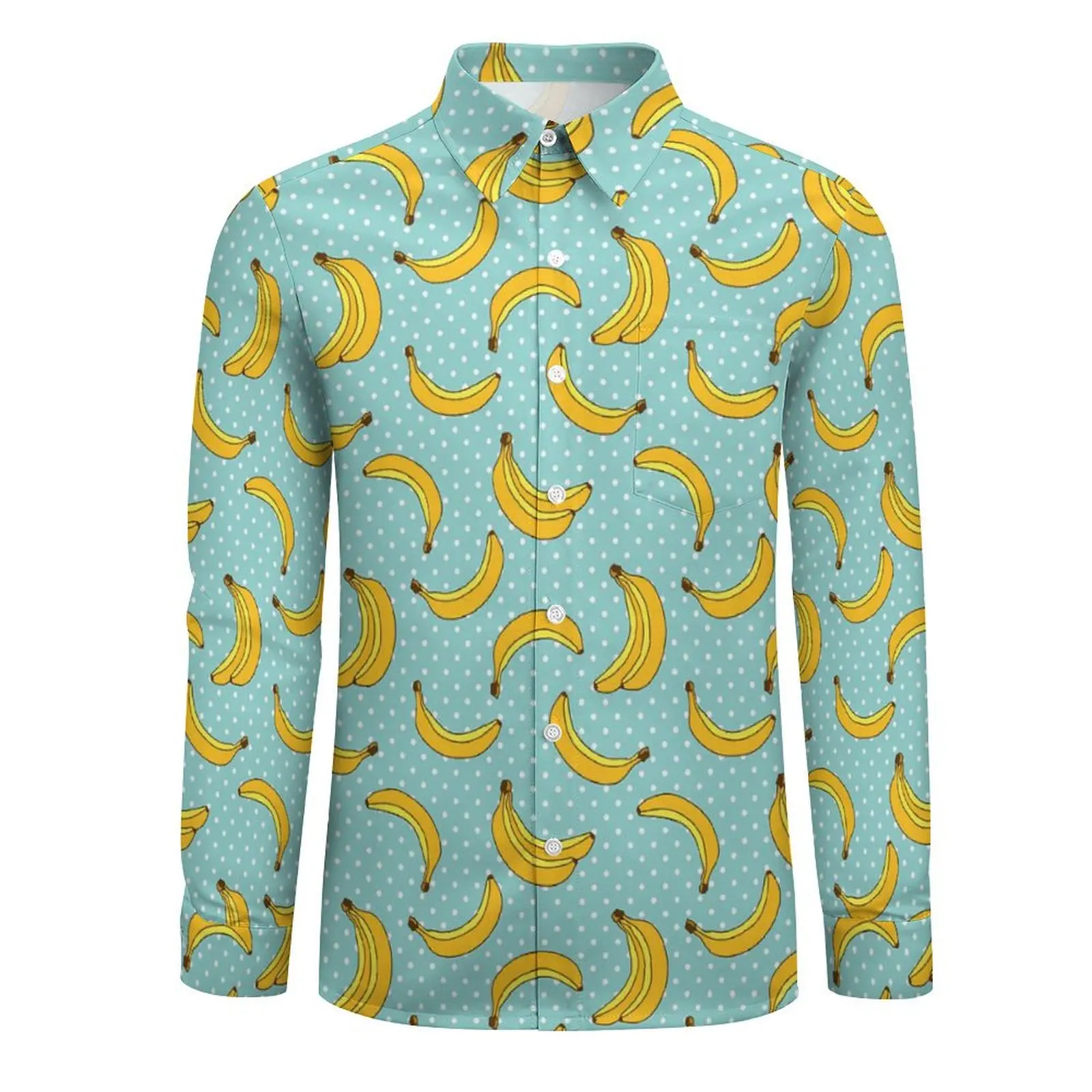 Banana Print Casual Shirt Mens Polk Dots Y2K Funny Shirt Spring Elegant Blouse Long Sleeve Pattern Oversized Clothing