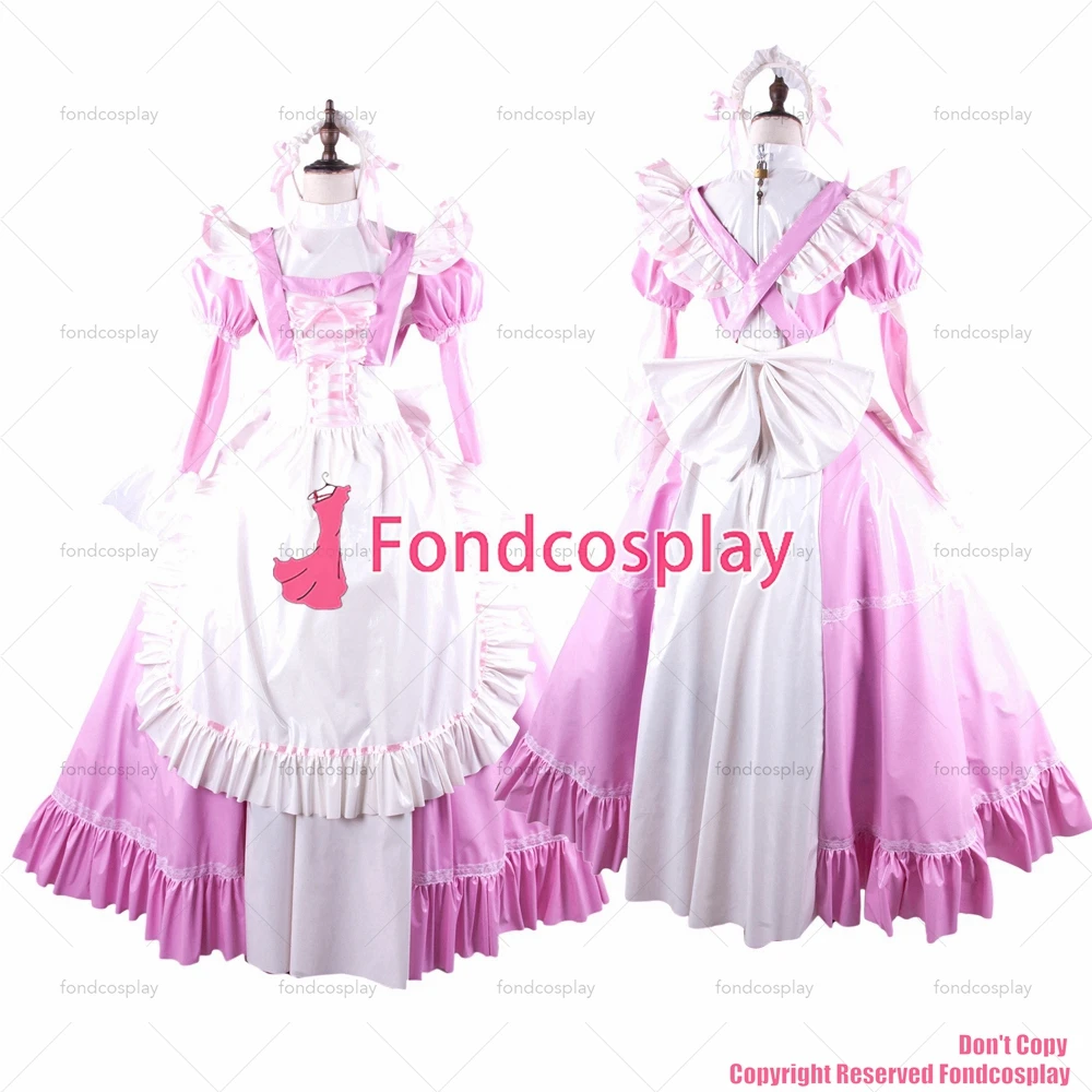 fondcosplay adult sexy cross dressing sissy maid long baby pink thin PVC lockable Dress vinyl white apron CD/TV[G1564]