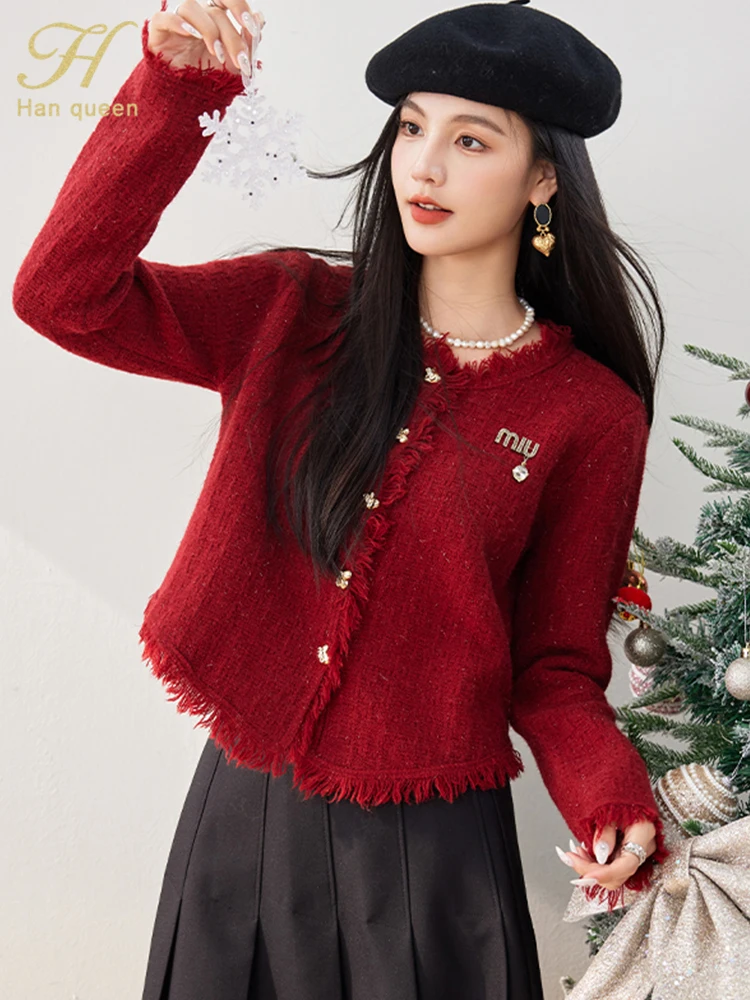 H Han Queen Autumn Winter Tassel Christmas Sweater Women Casual Basic Long Sleeve Knitwear Vintage Cardigans Top Female Clothing