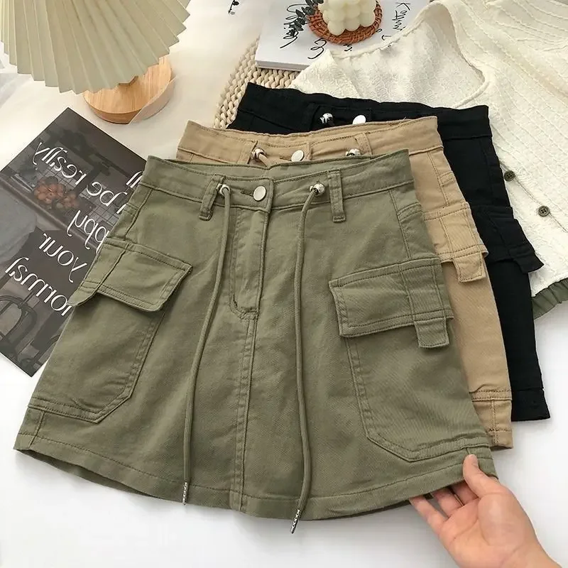 Vintage American Style Green Workwear Mini Dress Women's Summer Spicy Girl Street Style Slimming Belted A- line Denim Skirt