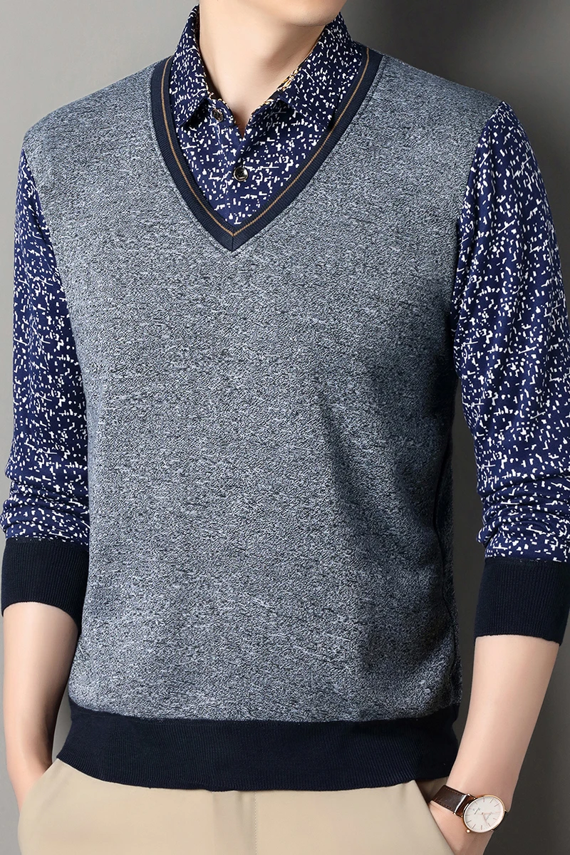 

2025 Autumn Men Fleece Warm Sweater Men Fake Two Piece Plush Pullover Shirt Collar Thick Knitted Sweater Male Casual Jumpers