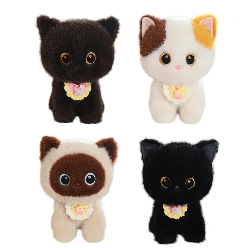 

23cm Black Cat Siamese Kitten Plush Toys Calico Cat Wearing Bib Plush Doll Soft Animal Cat Toy Room Decor Boy And Girl Gift