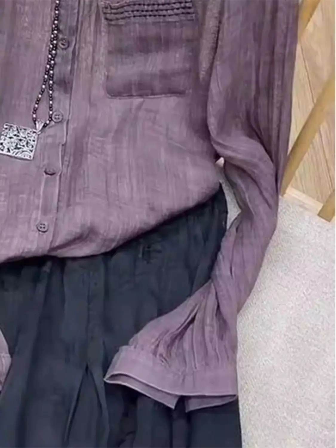 Unique and Chic Temperament Tencel Cotton Purple Long Sleeved Shirt Women\'s Ice Silk Top