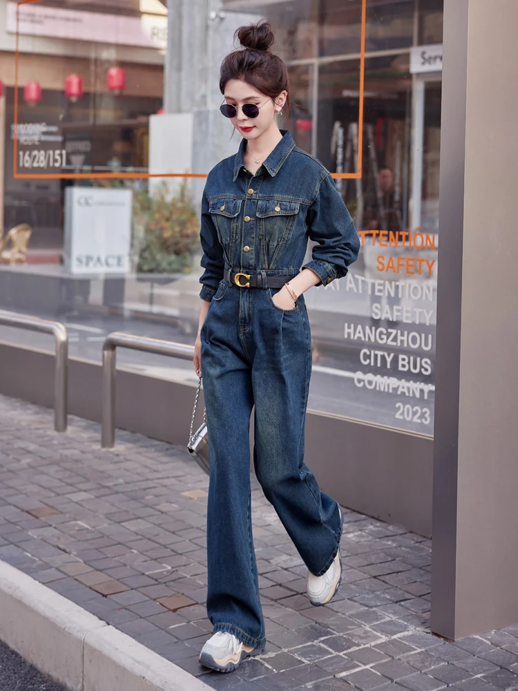 

Ele Denim Overalls Set Women's Faionable High Waist Straight Leg Pants with kets Long Sve irt Sle Spring Autumn