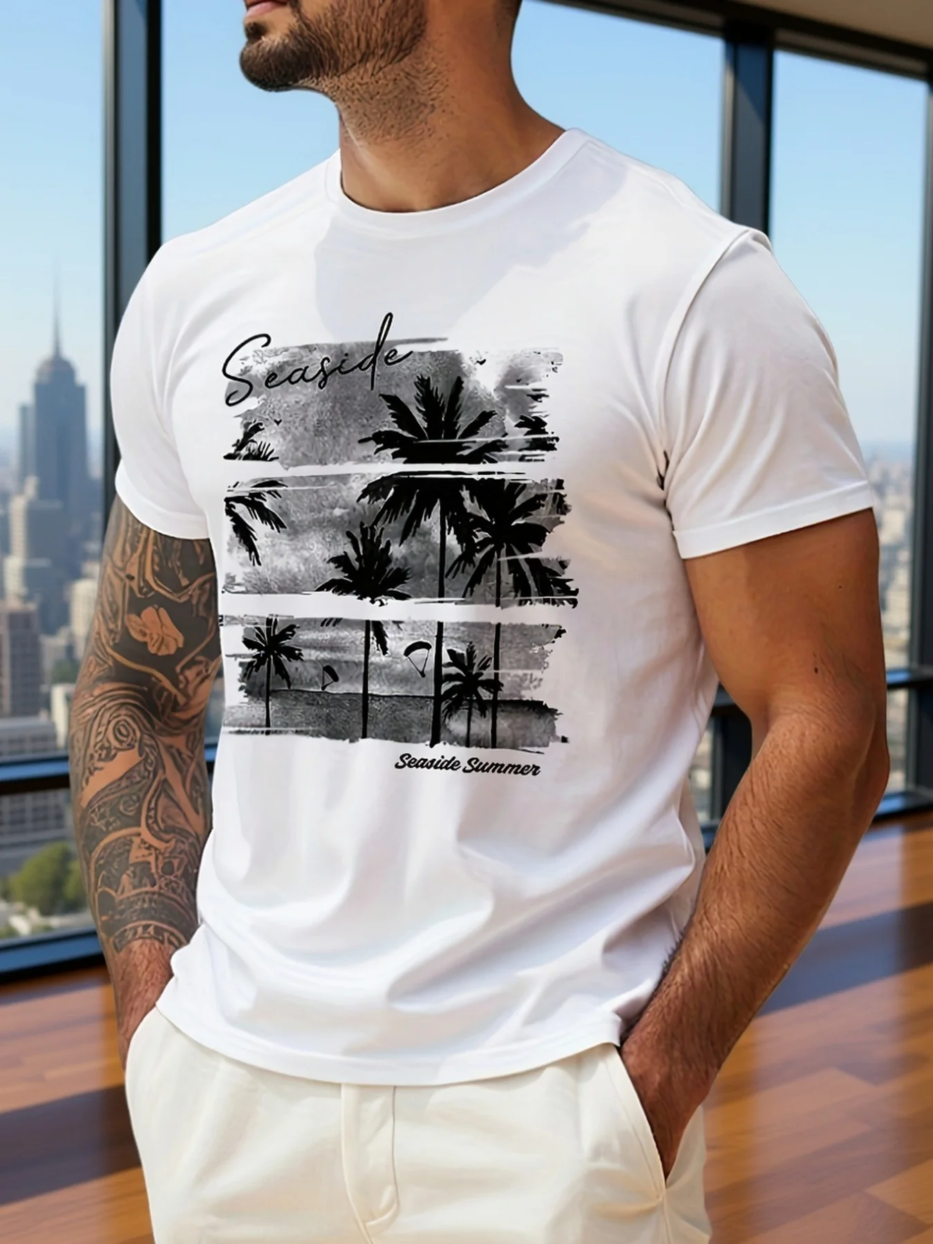 Watercolor Palm Tree Seaside Print on Premium Soft 100% Cotton Mens T shirt Perfect for Summer Casual Streetwear Style
