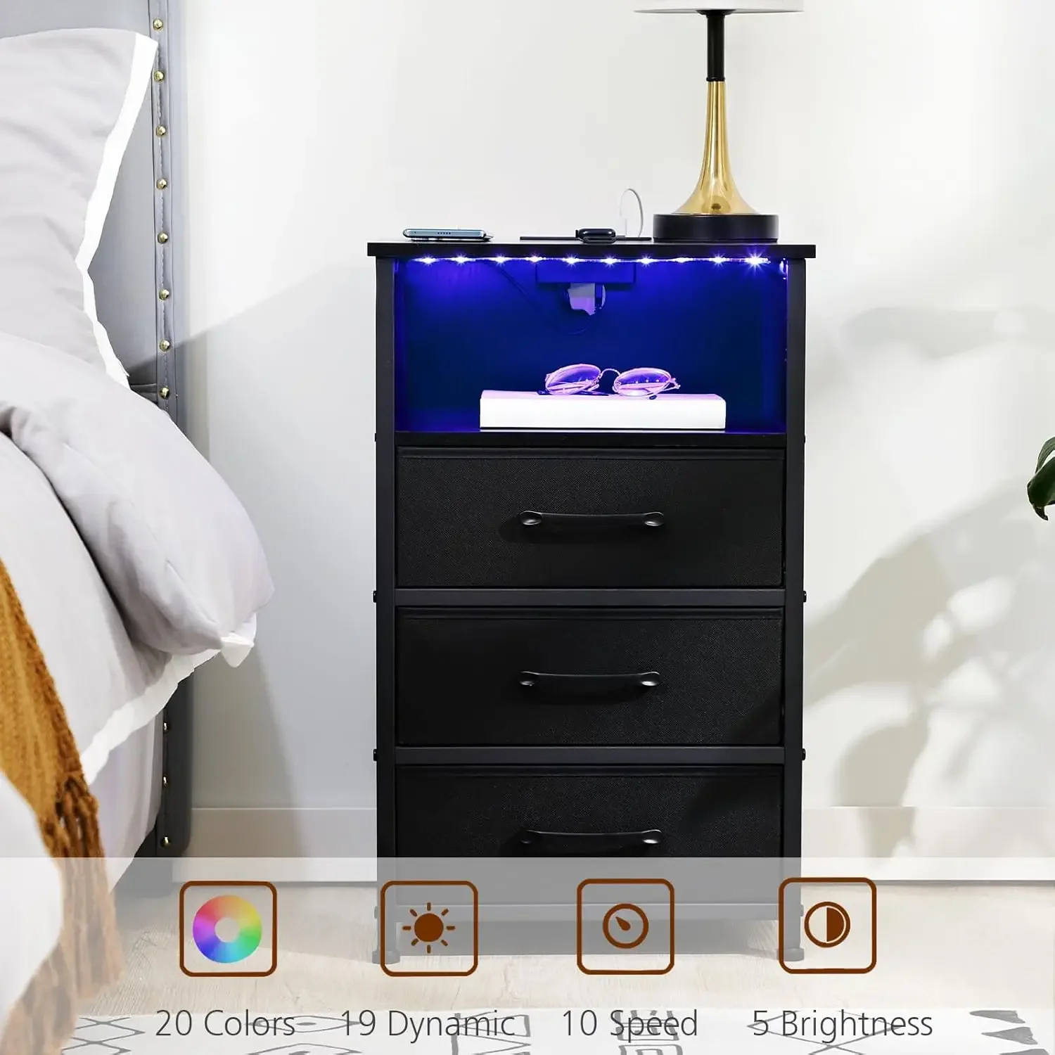 Nachttisch-Set 2, LED-Nachttisch mit Ladestation, Beistelltische mit 3 Stoffschubladen, Nachttisch mit USB Typ C P