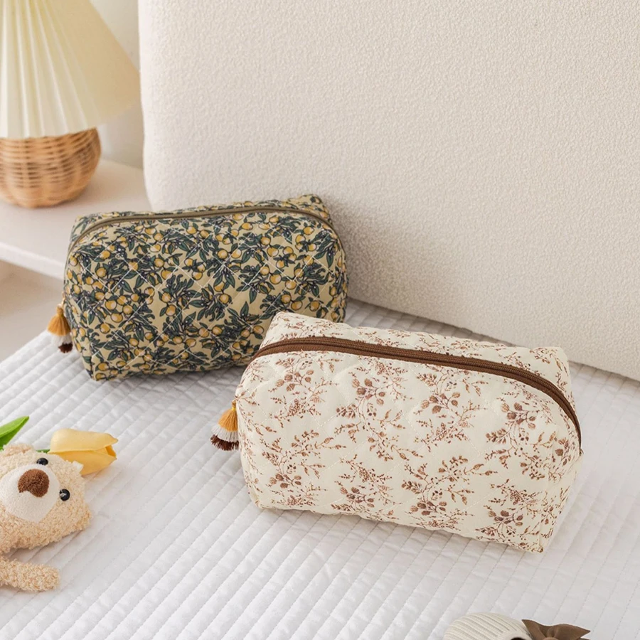 Korean Floral Quilted Diaper Storage & Cosmetic Bag, Portabl