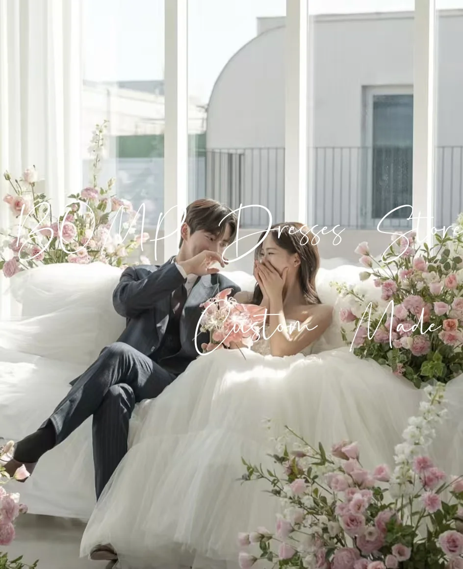 Bomp requintado apliques vestido de casamento sem alças drapeado a linha marfim tule coreia sessão de fotos vestido de recepção de noiva personalizado