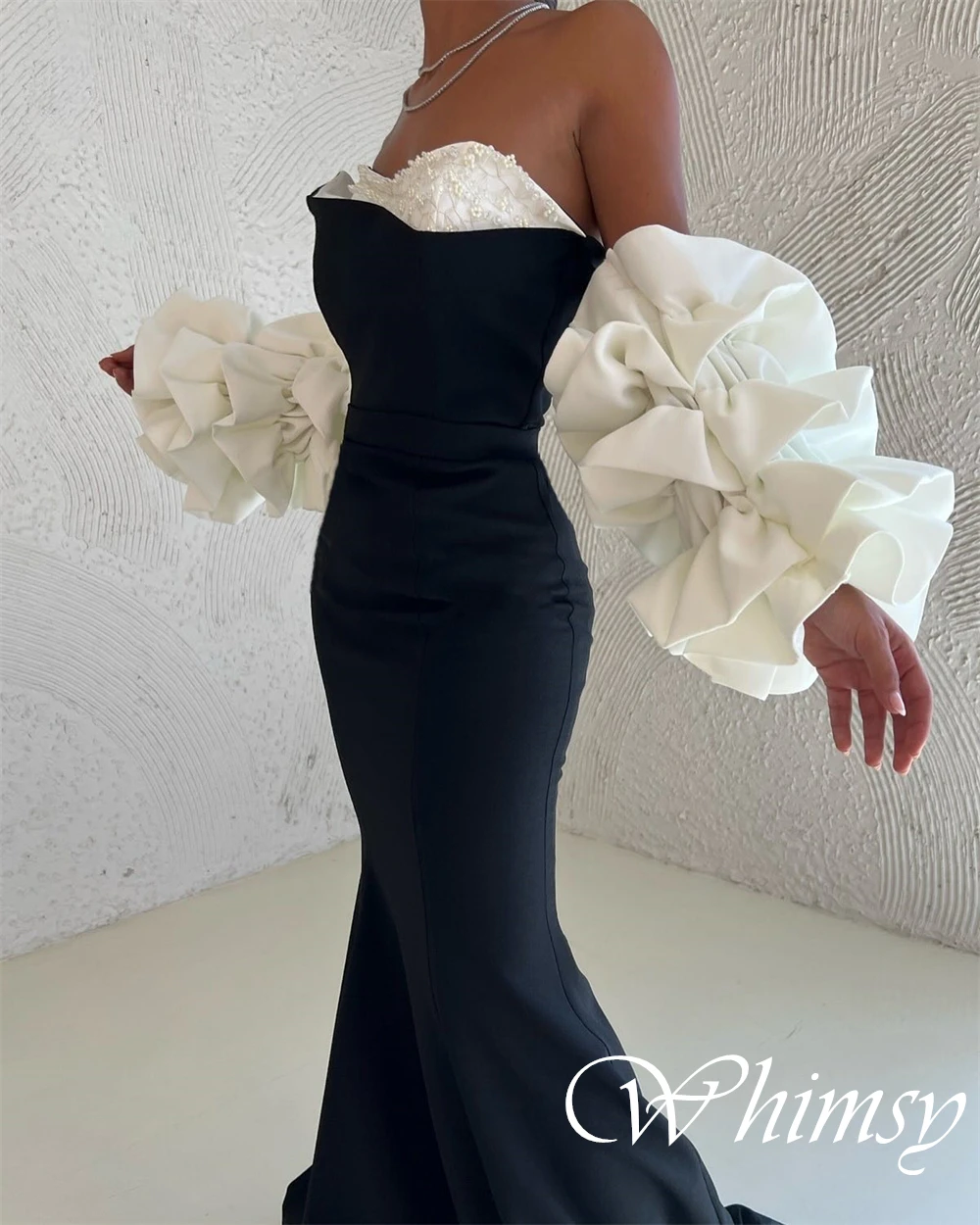 Customized Sweetheart Detachable Sleeve Cocktail Dress Mermaid Floor Length Black Evening Dress Contrast Color Zipper Back