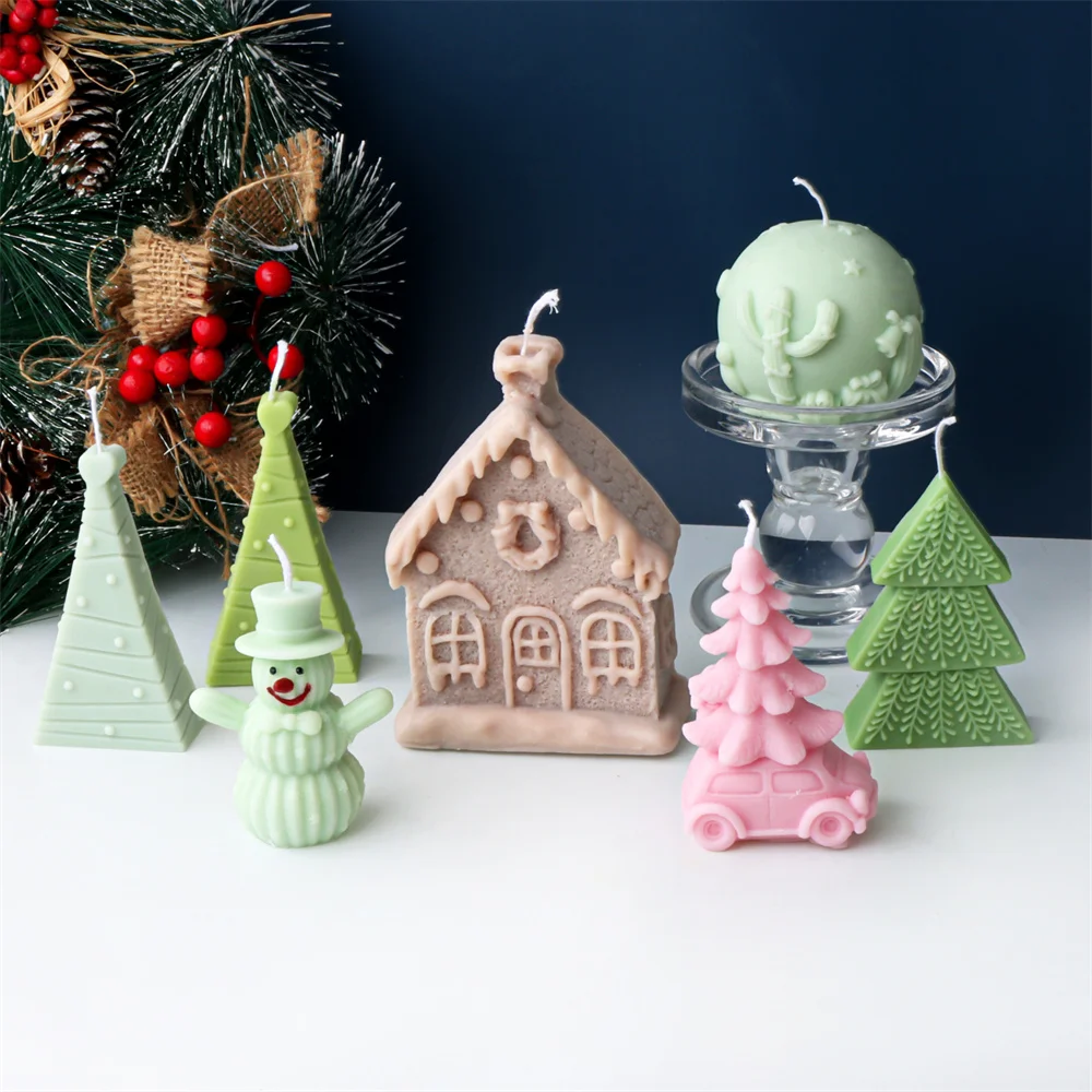 DIY Creative Xmas Candle Mold Silicone Cactus Ball /Snowman/Tree Car/House/Tree Shape Scent Soywax&Soaps&Plaster Mold Xmas Theme