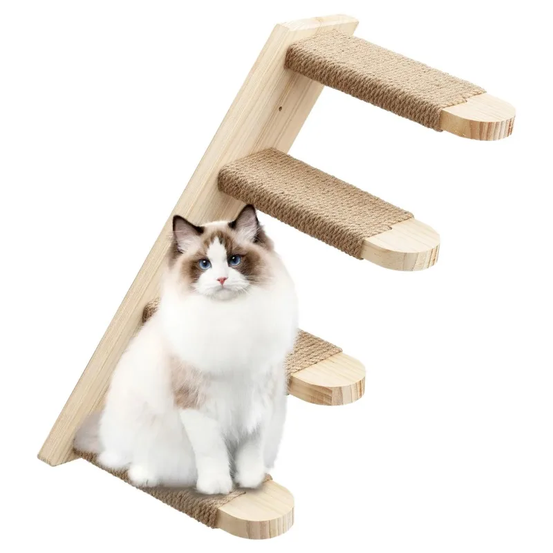 

Modern Eco-Friendly Wooden Wall-Mounted Cat Tree with 4-Level Sisal Scratching Post and Cats Toy for Indoor Use