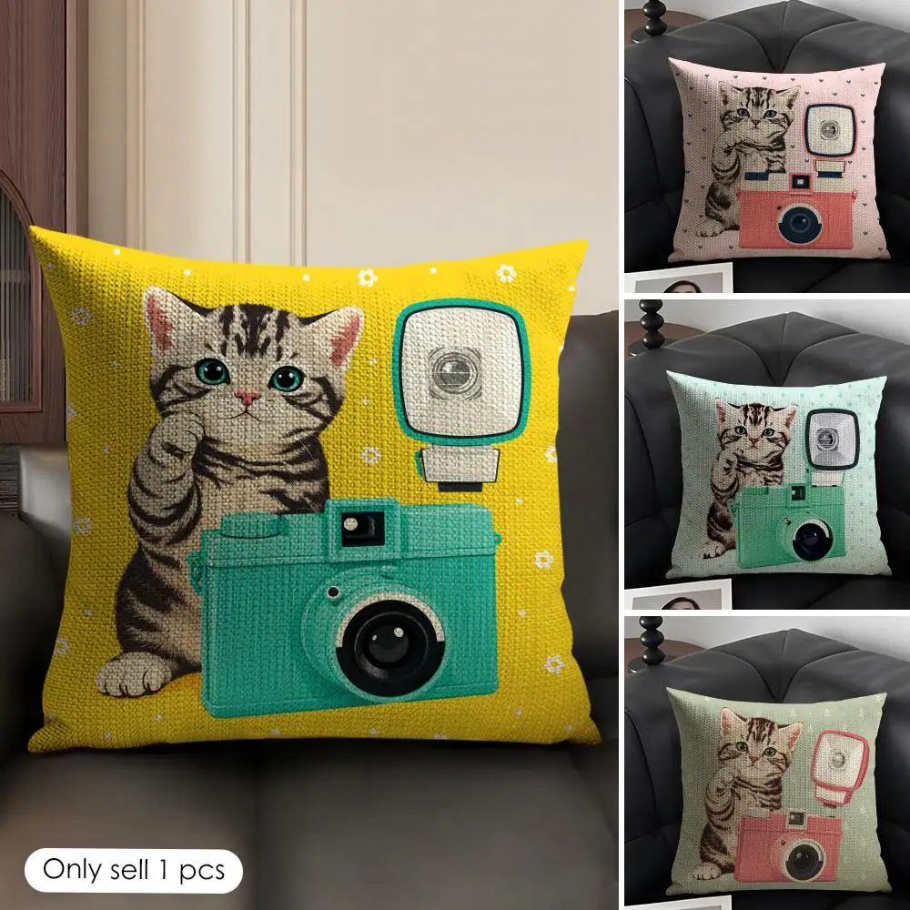 Kitten And Camera Cushion Cover Linen Organic Fabric Double-Sided Printing Sofa Breathable Home Decor Gift Pillow Case