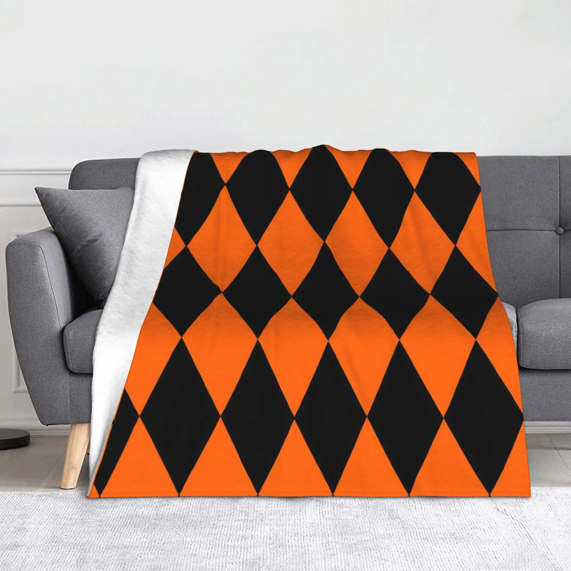 Orange Black Harlequin Diamond Halloween Fleece Throw Blankets  Blanket for Home Couch Warm Bedspread