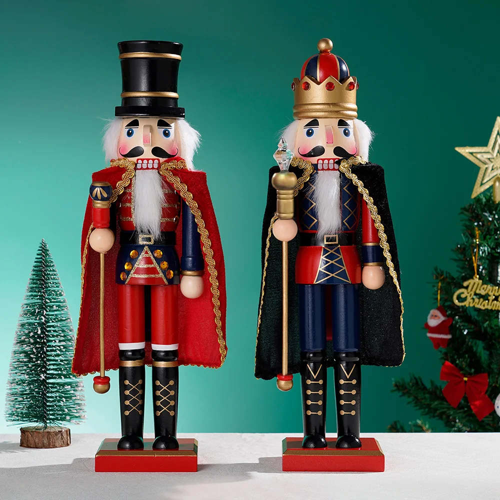 38CM Nutcracker Soldier Puppet Wooden Nutcracker Statues Cloak King Handicraft Doll Toy Christmas New Year Gift Home Decoration