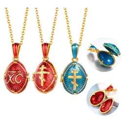 U7 Blue Red Egg Oval Orthodox Cross Locket Necklaces for Woman Glaze Enamel Religion Christians DIY Jewelry Gift for Her