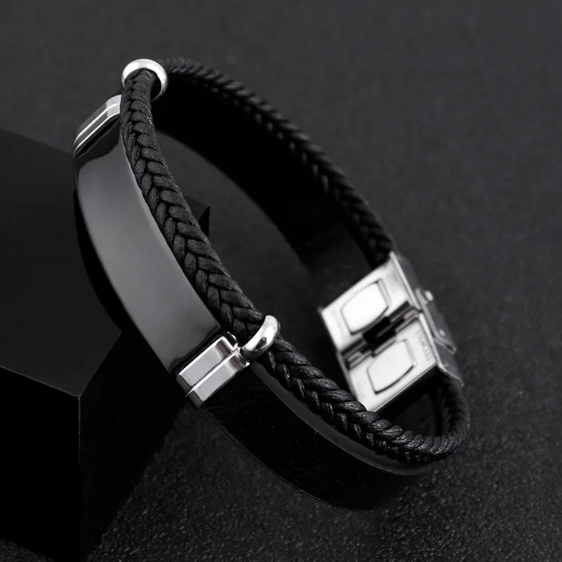 2022 Trendy Men Leatherwear Weave Bracelet Leisure Color Contrast Stainless Steel Bangle Custom Engraved Name Logo