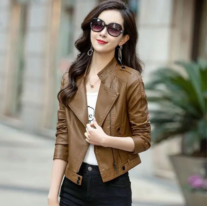 Nuova giacca da donna in vera pelle primavera autunno moda stile motociclista capispalla colletto alla coreana cappotto corto