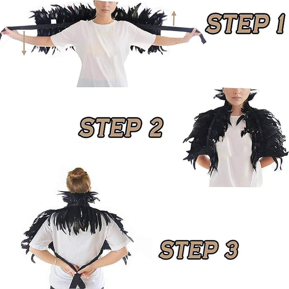 Gothic Feather Shawl Harness Wrist Cloak Cosplay Bracelets Wrap Shoulder Neck Halloween Carnival Dress Up Party Costume Props