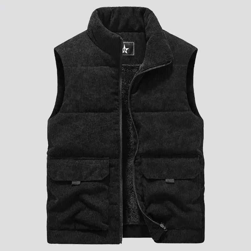 Men\'s Lamb Sleeveless Jackets Corduroy Multiple Pockets Warm Windproof Waistcoat Zipper Casual Stand Collar Vests Plus Size 6XL