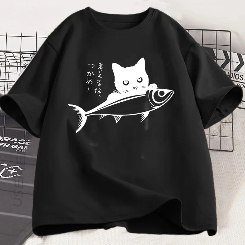 Schwarze Katze T Shirt Frauen Katze Liebhaber T-shirt Japanische Streetwear Fisch T-Shirt Lustige Kawaii Katze Besitzer T-shirt Frauen Kurzarm