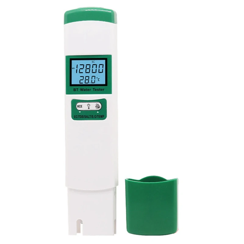 

1 PCS 5-In-1 Water Quality Tester EC TDS SALT SG TEMP Digital Detector White & Green ABS Portable Bluetooth Water Quality Tester