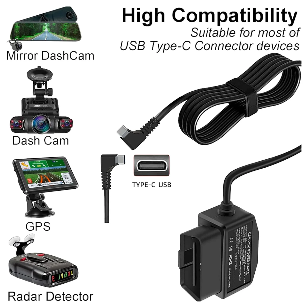 Dash Cam OBD Hardwire Kit,Dash Camera USB Type C Hardwire Kit with OBD Power Cable for Dashcam 12-24V to 5V/3A HGC