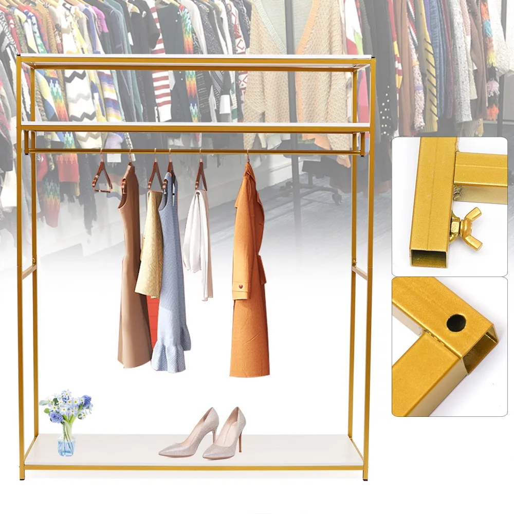 Clothes Rack, Metal Coat Stand with Clothes Rails & Shelf, Multifunctional Freestanding Clothes Rack Easy Assembly Gold