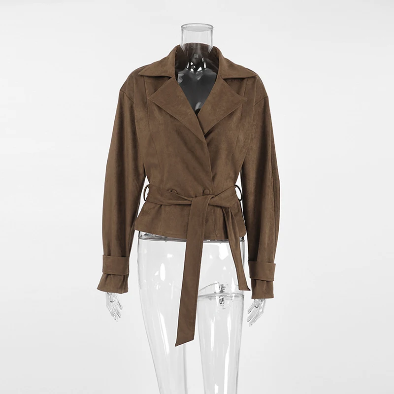 

OMSJ Women's Street Casual Double Breasted Strappy Coat Suede Suit Collar Full Sleeved Vintage Chic Outerwear 2025 Autumn Winter