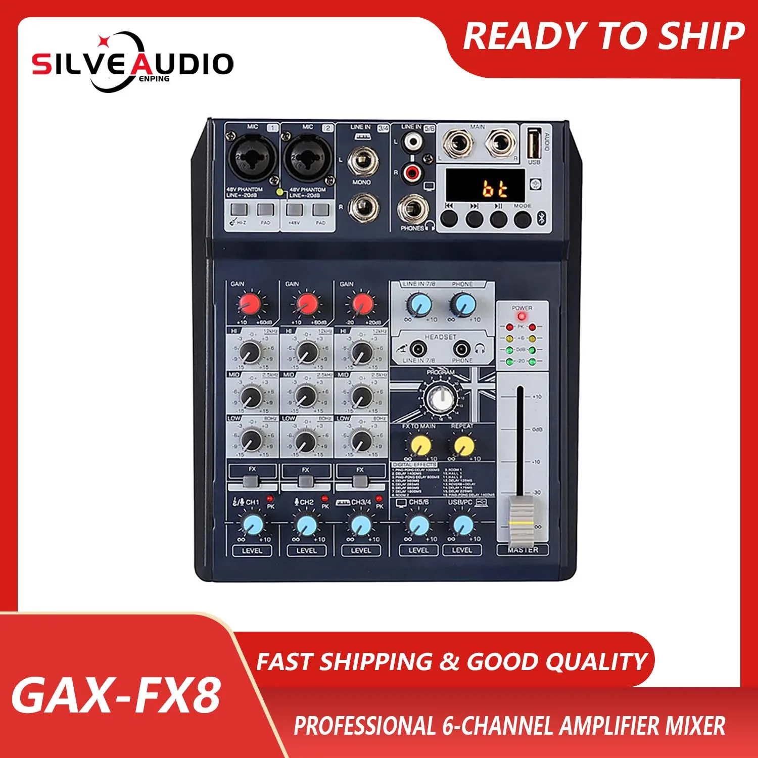 GAX-FX8 Hot Selling PRO Audio DJ Music Equipment 6CH Mini Audio Mixer for Live Streaming with USB