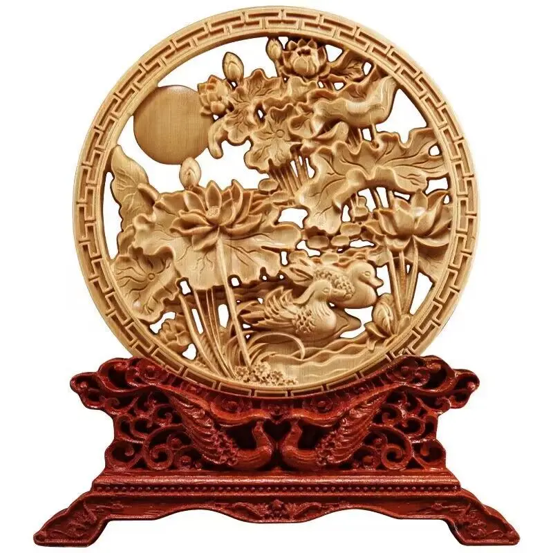 

Wood carving Dragon and Phoenix Round Carving Art Statue Mascot High quality home room, office decoration accessories