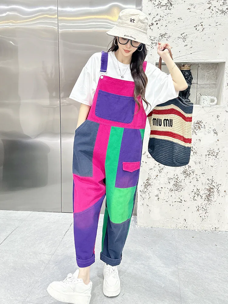 Color blocked workwear denim overalls women's spring summer new styles high-end casual jumpsuit loose and stylish pants 2025