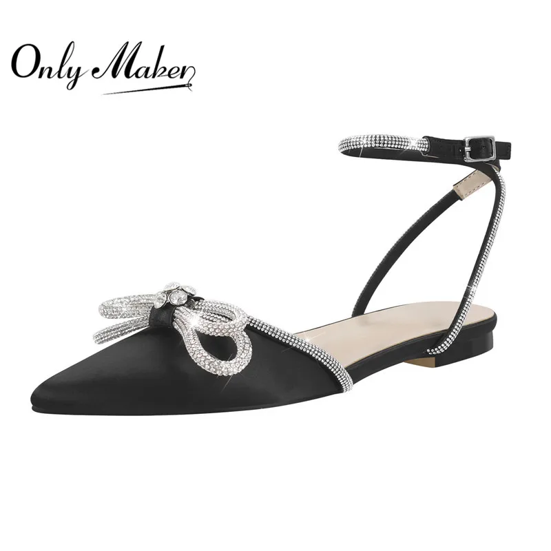 

Onlymaker Woman Black Elegent Pointed Toe Rhinestone Bowknot Sandals Summer Big Size Flats