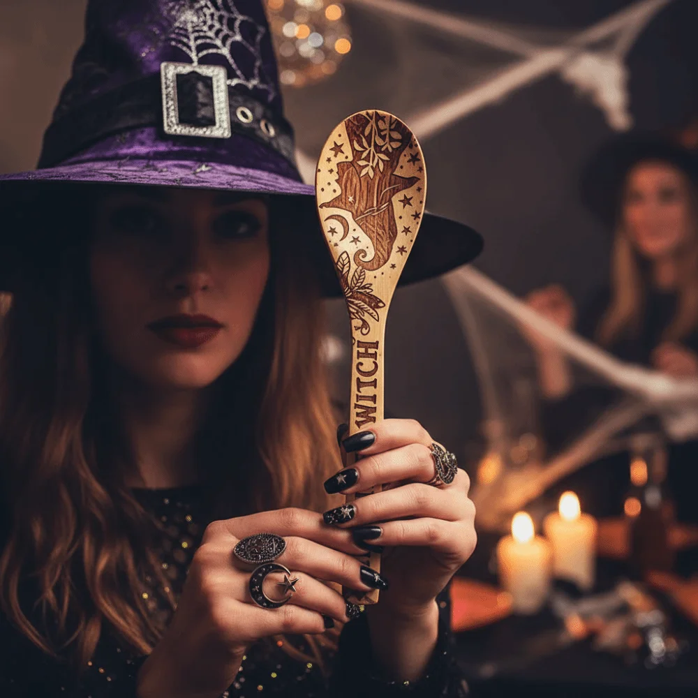 Wooden Halloween Witch Stirring Spoon Broom Witch Cauldron Design Large Size Halloween Witchy Decorative Spoon Eco-Friendly