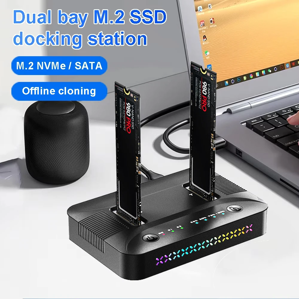 

Dual-Bay M.2 NVME/SATA SSD Clone Docking Station 10Gbps USB3.2 USB C Type C OFFline Cloner Duplicator RGB NVme PCIE Enclosure