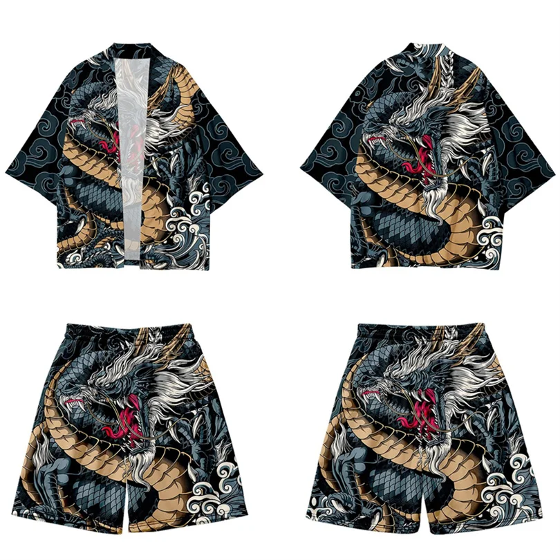 

Japanese Anime Dragon Cardigan Women Men Cosplay Yukata Suit Harajuku Print Kimono Shorts Sets Summer Two-piece Suit Haori