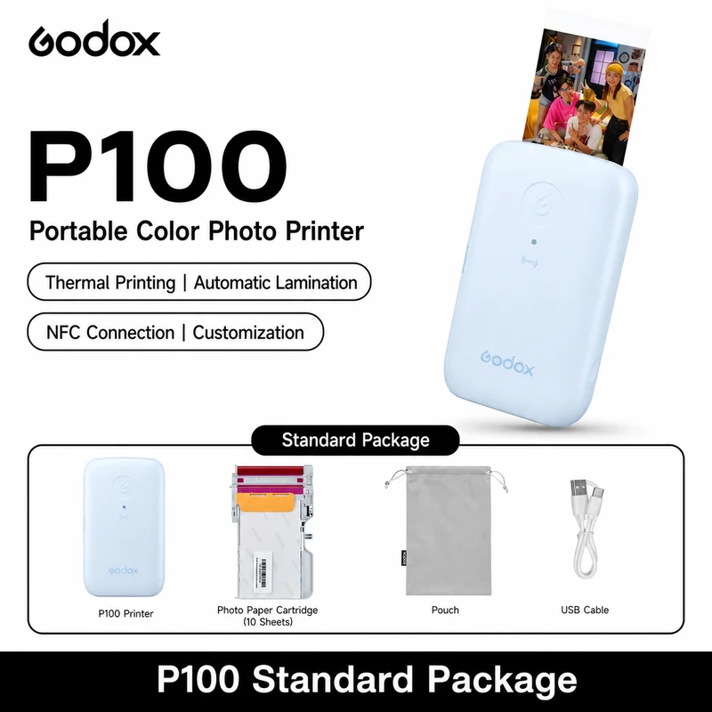 Godox P100 Portable Sublimation Photo Printer Wireless Bluetooth NFC 300Dpi High Resolution Color Photo Printer Gift