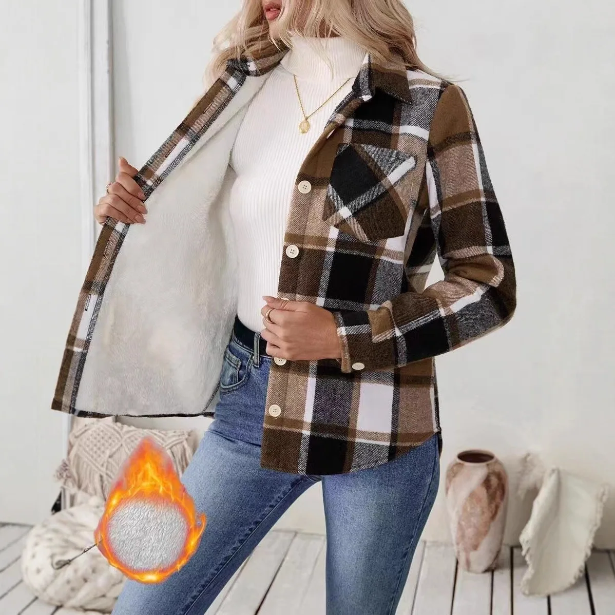 เสื้อคลุมลำลองลายสก็อตแบบหลวมสำหรับผู้หญิง คอลเลคชั่นฤดูหนาว 2025 รุ่นใหม่ สวมใส่สบาย