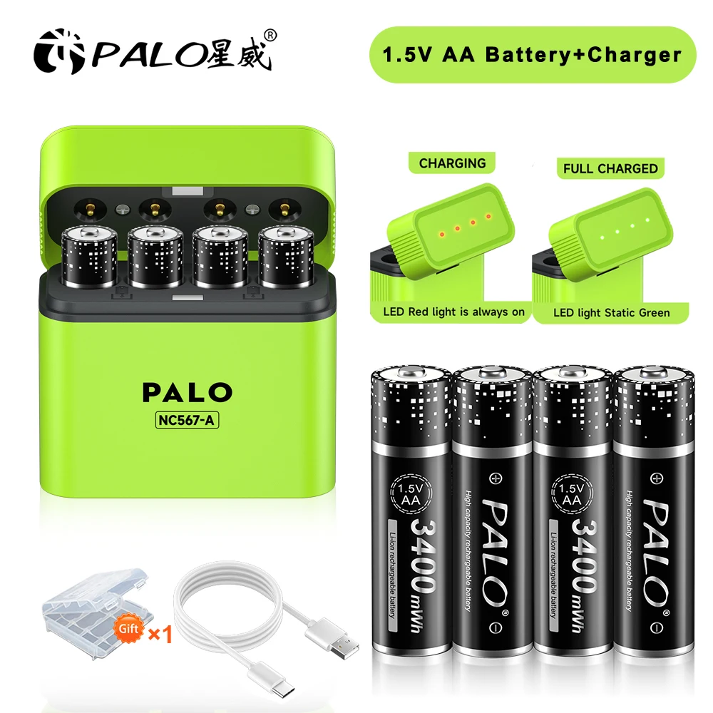

1.5V AA Batteries AA Lithium Ion Battery 2A AA Rechargeable Battery for Remote Control Smart Door Lock Toys with 4-Slot Charger