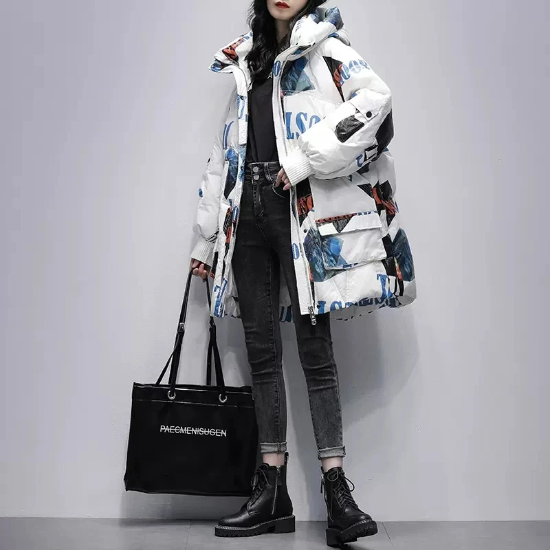 Women\'s 2023 Winter New Printed Down Jacket Korean Hooded Fashion 90%White duck down Thicken Coat Female Warm Parkas Outwear