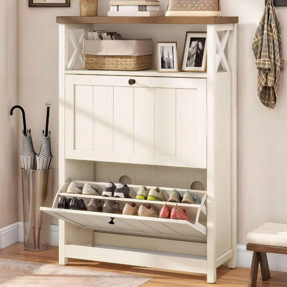 

Shoe Cabinet Entryway, White Storage Cabinet with 2 Flip Drawers, Free Standing Hidden Narrow Shoe Rack Shoe Storage Organ