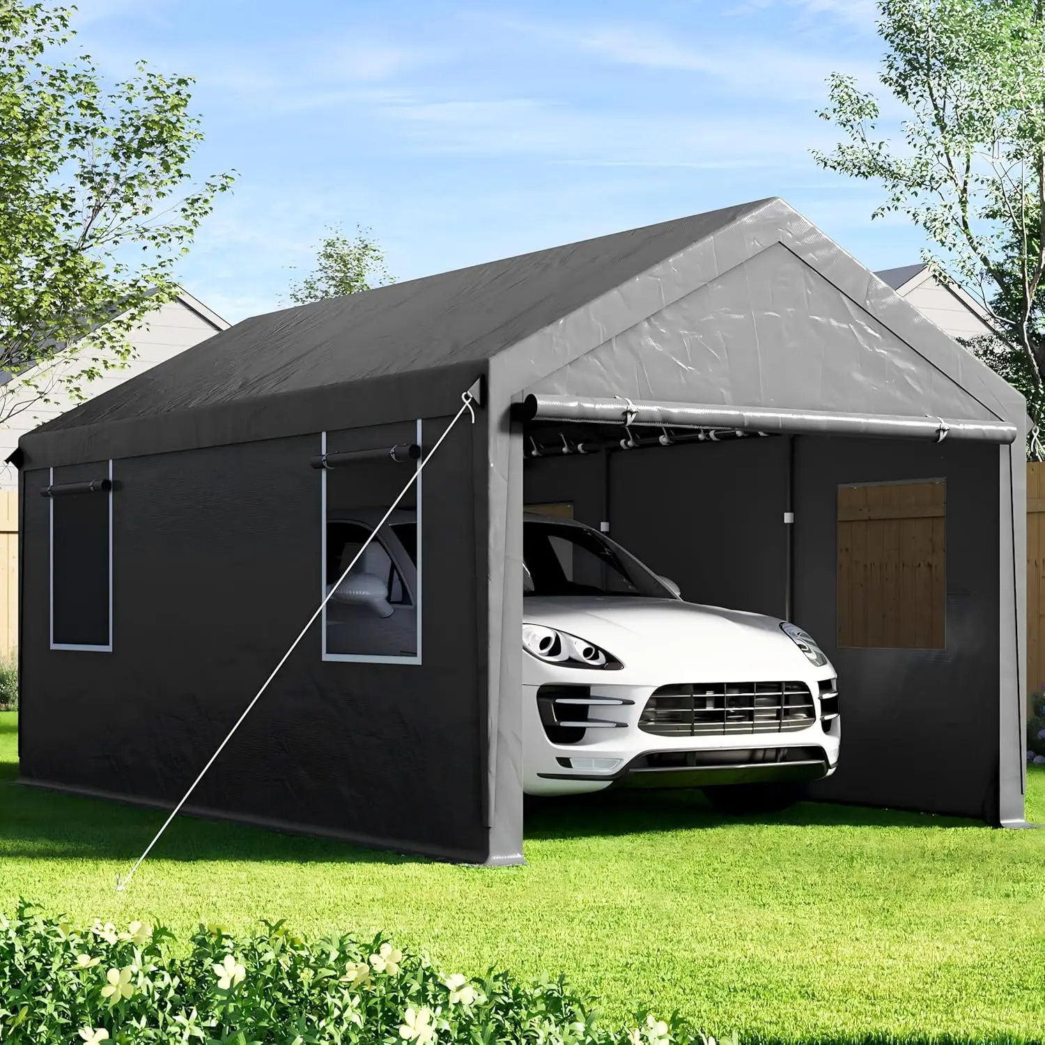 

10'X20' Heavy Duty Carport With Removable Sidewalls & Doors, Portable Garage With Roll-Up Ventilated Windows, Gray