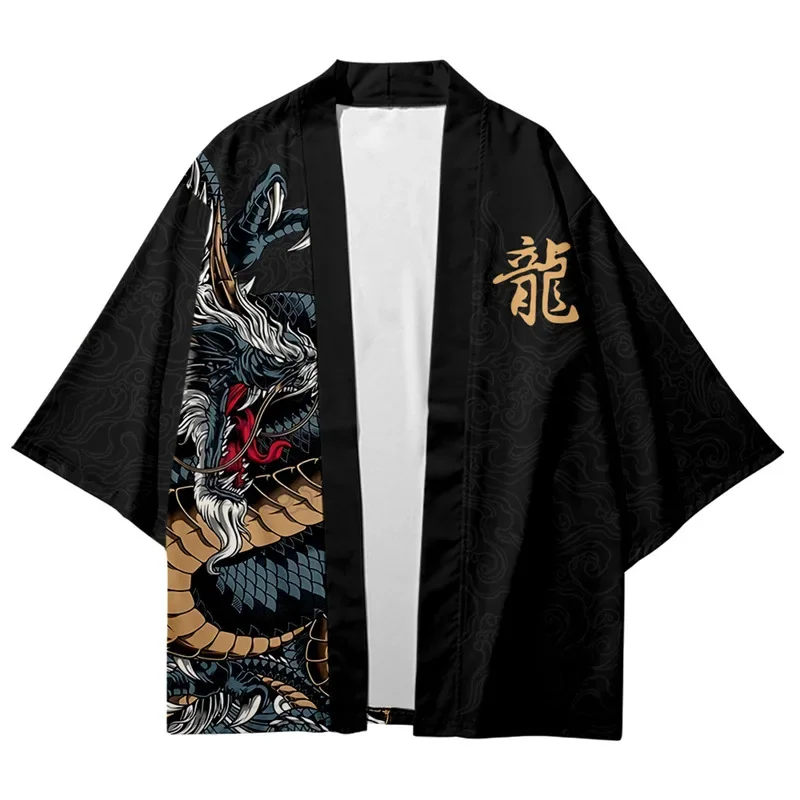 Cardigan e calças de quimono japonês para homens e mulheres, camisa estampada dragão, Yukata tradicional, Haori Obi, traje cosplay, tamanho grande,