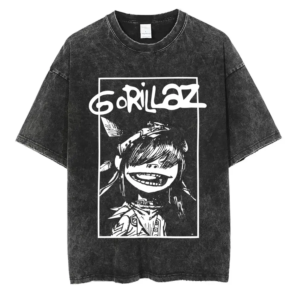เสื้อยืดลายกราฟิกวงร็อค Gorillaz สไตล์วินเทจ ล้างสีแล้ว สำหรับผู้ชายและผู้หญิง ฮิปฮอป กอธิค พังก์ ทรงโอเวอร์ไซส์ เสื้อยืดแฟชั่นผู้ชาย สตรีทแวร์สไตล์เรโทร