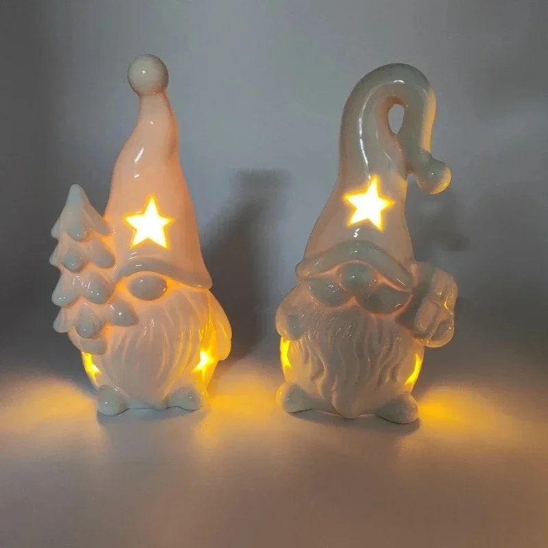 Ceramic Dwarf Miniature Luminous Village House Figurine Craft Desktop Festival Mold Candlestick Christmas Decoration Ornament