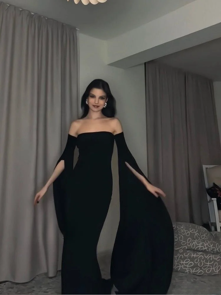 

Charming Black Evening Dresses Detachable Sleeves Bra Slim Fit Strapless Hollow Out Backless Mermaid Wedding Banquet Prom Gowns