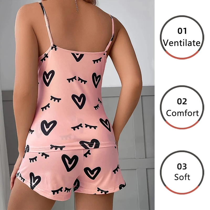 2 PCS Women Pajamas Sleepwear Pajama Set Short-Sleeved Shorts Suit M L Pink Love Print Ventilate Casual Homewear Summer