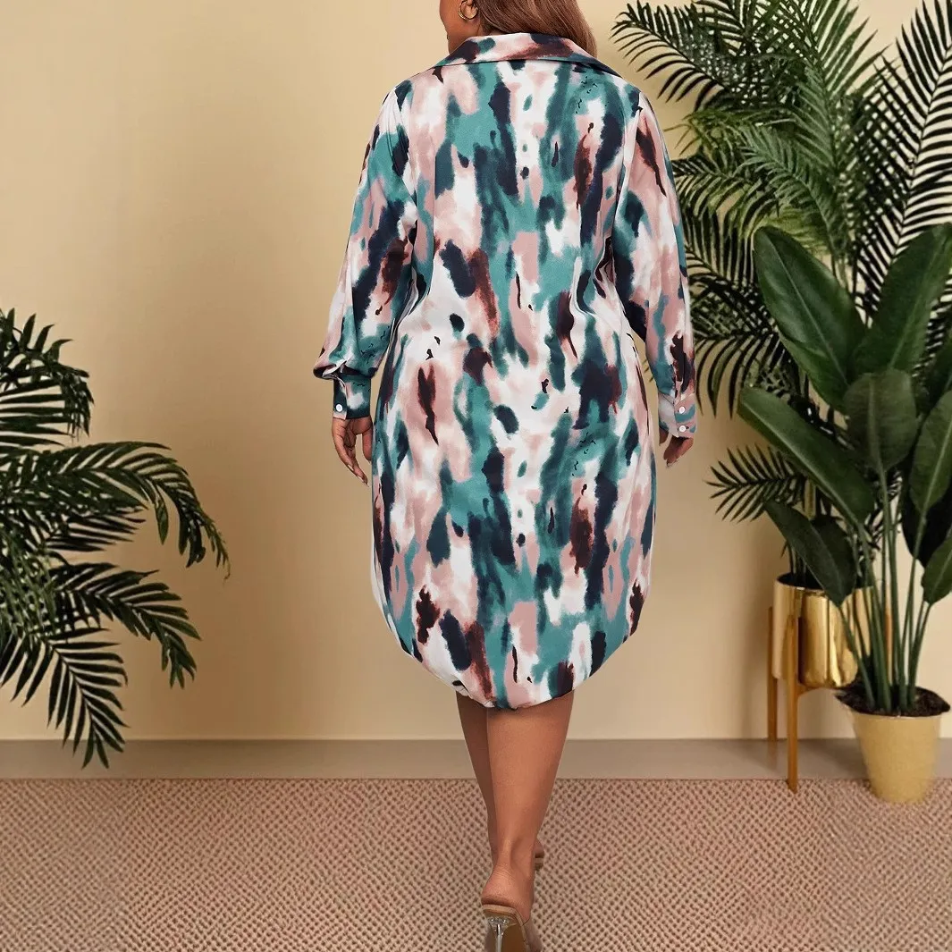 Summer Dress Woman Women's High Waist Printed Maxi Dress Button Front Abstract Print Long Dress Teal Pink Drawstring Hem