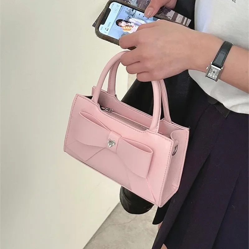 MBTI Pink Womens Handbag Cute Bow Small Pu Leather Fashion Elegant Casual Shoulder Bag Literary Advanced Female Crossbody Bag